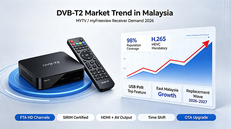 DVB-T2 piaci trend Malajziában (2026 myFreeview / MYTV)